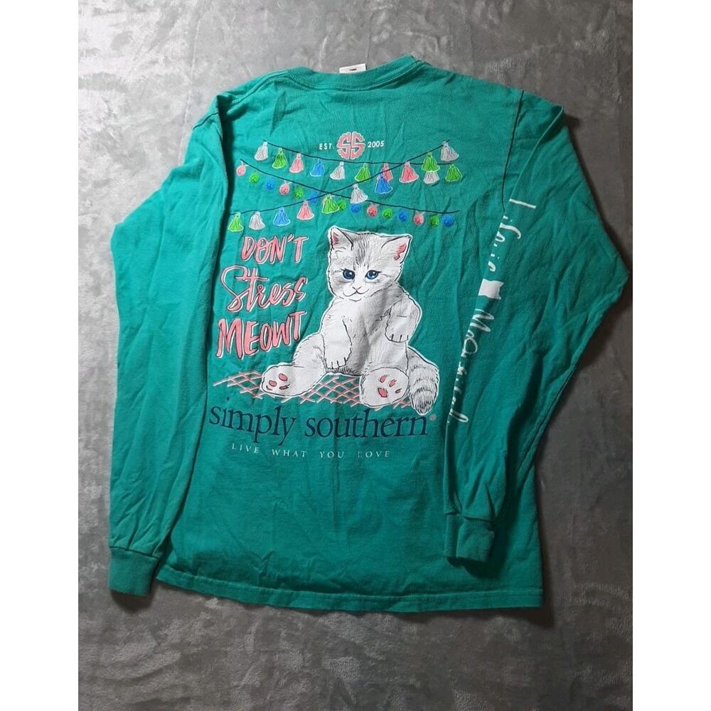 Simply Southern Women's Small Long Sleeve Tee "Don't Stress Meowt" Cat Teal